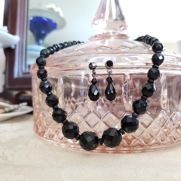 Jewelry - Black Glass Bead Necklace & Earring set